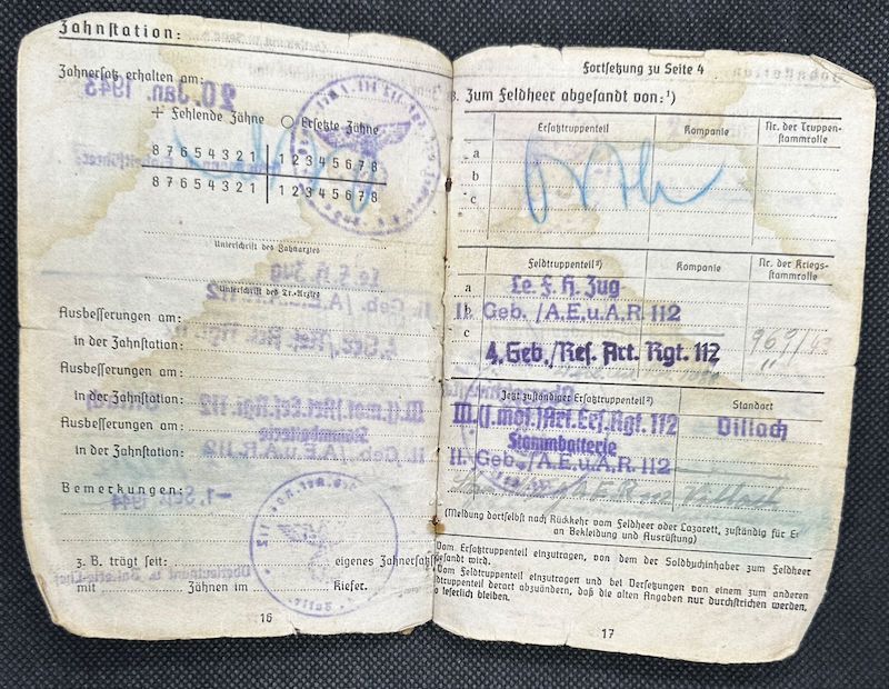 WWII German Army Wehrmacht Soldbuch Set - Wachtmeister Ehrlich - Italy & Slovenia - Gebirgsjäger Artillerie Regiment 1088 - Division 188 - Partisan Action - Hidden Award - Image 19