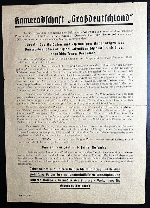 WWII German Army Wehrmacht Propaganda for GD Veterans 1944 - Panzer Grenadier Division Grossdeutschland - Baldur von Schirach - Rare (Offer Accepted) - Image 3