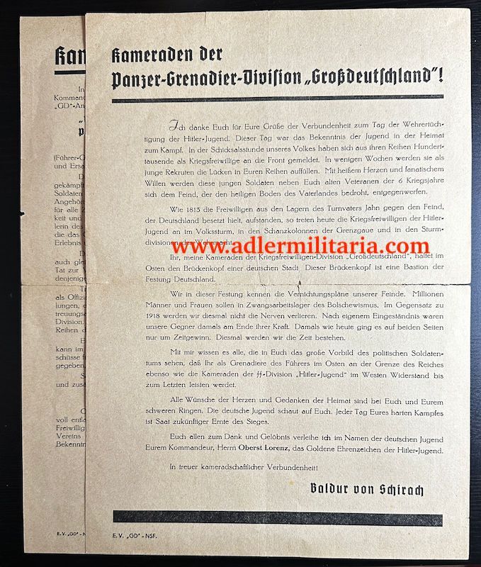 WWII German Army Wehrmacht Propaganda for GD Veterans 1944 - Panzer Grenadier Division Grossdeutschland - Baldur von Schirach - Rare (Offer Accepted)