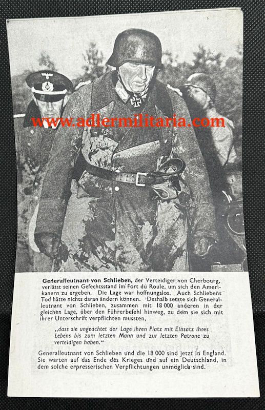 WWII Allied Made Propaganda For German Army in Normandy 1944 - General von Schlieben Captured - Surrender of Cherbourg - Rare