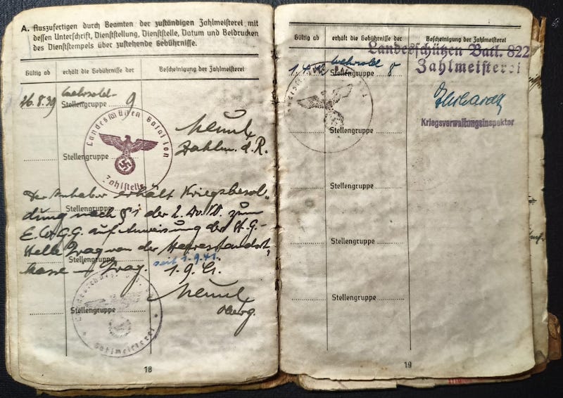 Original WWII German Wehrmacht Soldbuch - Stabsintendant Meusel - Landeschutzen Batl 822 (Prag) - POW Diary - Fully Translated - Incredible Story - Rare - Image 14