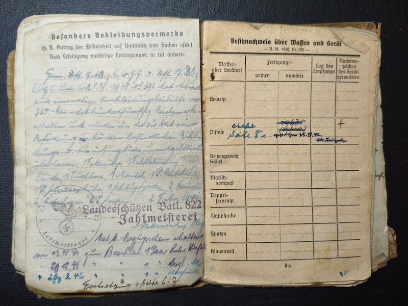 Original WWII German Wehrmacht Soldbuch - Stabsintendant Meusel - Landeschutzen Batl 822 (Prag) - POW Diary - Fully Translated - Incredible Story - Rare - Image 9