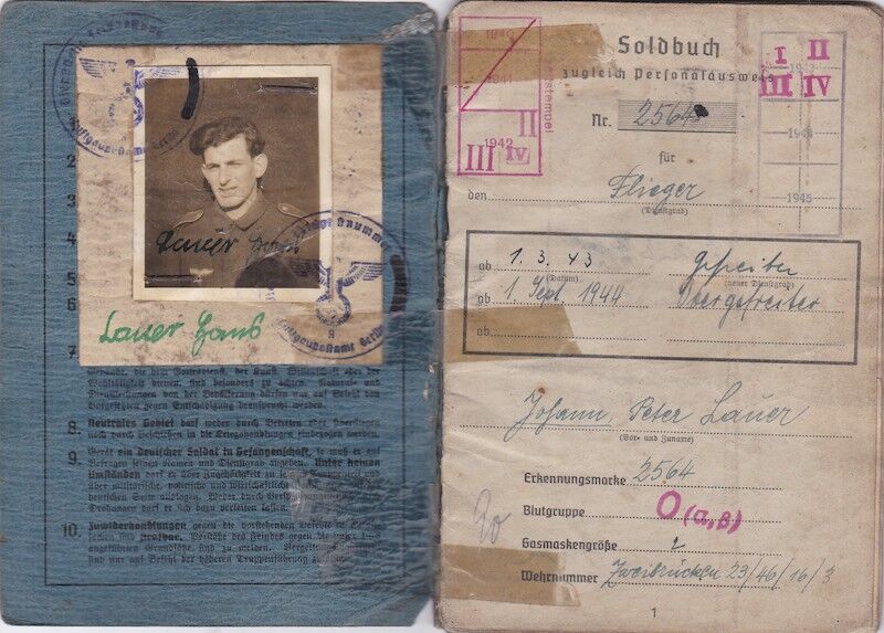 WWII German Luftwaffe Soldbuch ID - Obergefr Johann Lauer - Jäger Regiment 28 (L) - 14. Feld-Division (L) - 20. Gebirgs-Armee - Wehrmachtsbefehlsstelle Norwegen