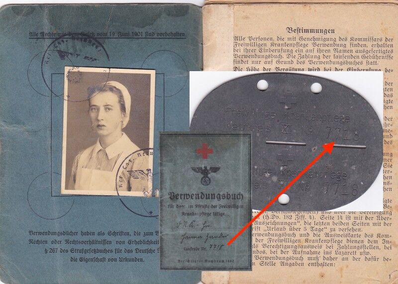 WWII German DRK Verwendungsbuch & Erkennungsmarke - DRK Nurse Hanna Zander - Tag - Freiwillige Krankenpflege Wehrkreis XI