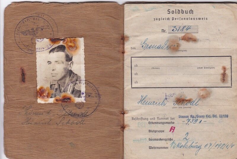 WWII German Wehrmacht Soldbuch - Grenadier Heinrich Schodl - Grenadier Regiment 474 - 254 Infanterie Division - Wounded by Grenade Fragments