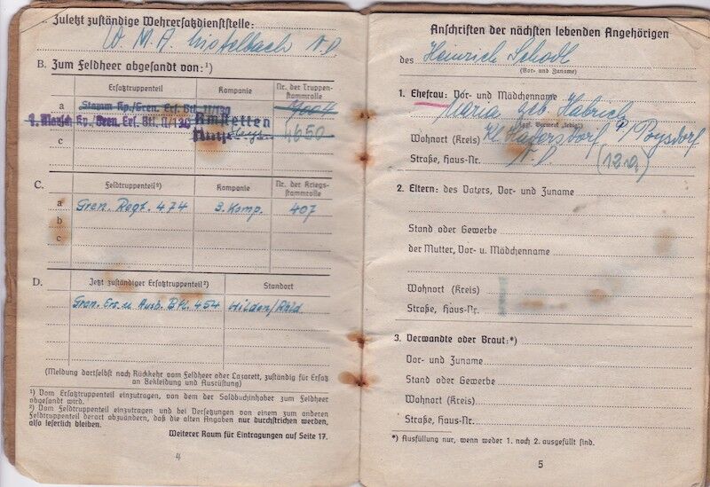 WWII German Wehrmacht Soldbuch - Grenadier Heinrich Schodl - Grenadier Regiment 474 - 254 Infanterie Division - Wounded by Grenade Fragments - Image 5