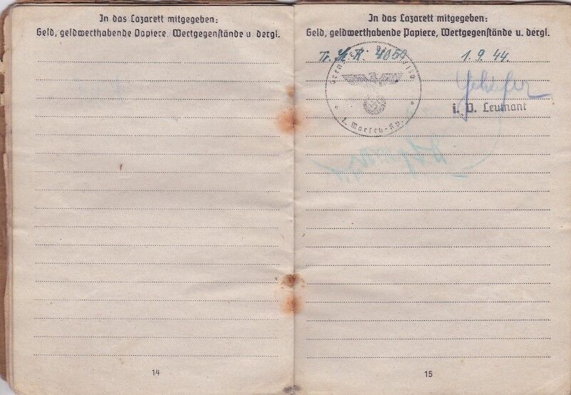 WWII German Wehrmacht Soldbuch - Grenadier Heinrich Schodl - Grenadier Regiment 474 - 254 Infanterie Division - Wounded by Grenade Fragments - Image 14