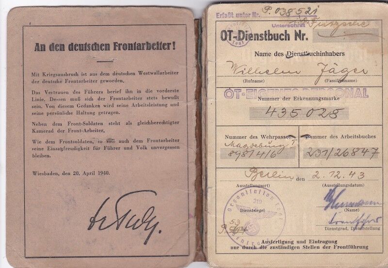 WWII German Organisation Todt Dienstbuch - OT-Meister Wilhelm Jäger - Einsatzgruppe Südost Serbia Skopje - - Image 3