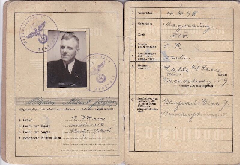 WWII German Organisation Todt Dienstbuch - OT-Meister Wilhelm Jäger - Einsatzgruppe Südost Serbia Skopje -