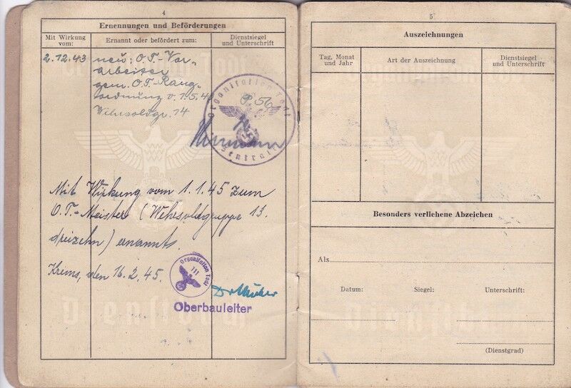WWII German Organisation Todt Dienstbuch - OT-Meister Wilhelm Jäger - Einsatzgruppe Südost Serbia Skopje - - Image 5