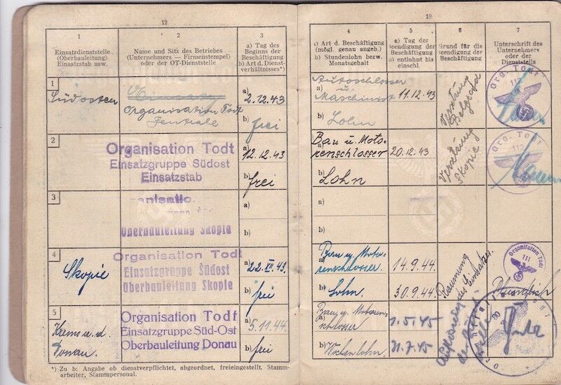 WWII German Organisation Todt Dienstbuch - OT-Meister Wilhelm Jäger - Einsatzgruppe Südost Serbia Skopje - - Image 8