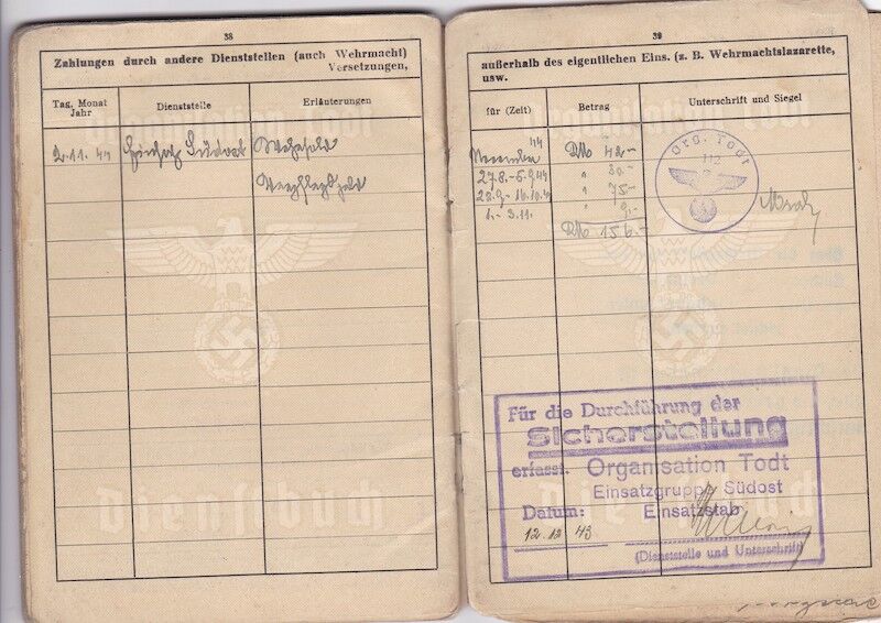 WWII German Organisation Todt Dienstbuch - OT-Meister Wilhelm Jäger - Einsatzgruppe Südost Serbia Skopje - - Image 13