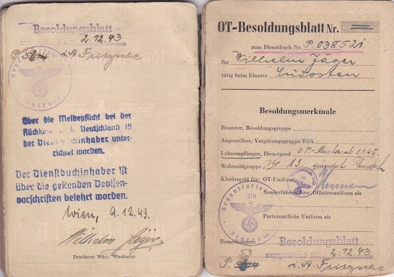 WWII German Organisation Todt Dienstbuch - OT-Meister Wilhelm Jäger - Einsatzgruppe Südost Serbia Skopje - - Image 14