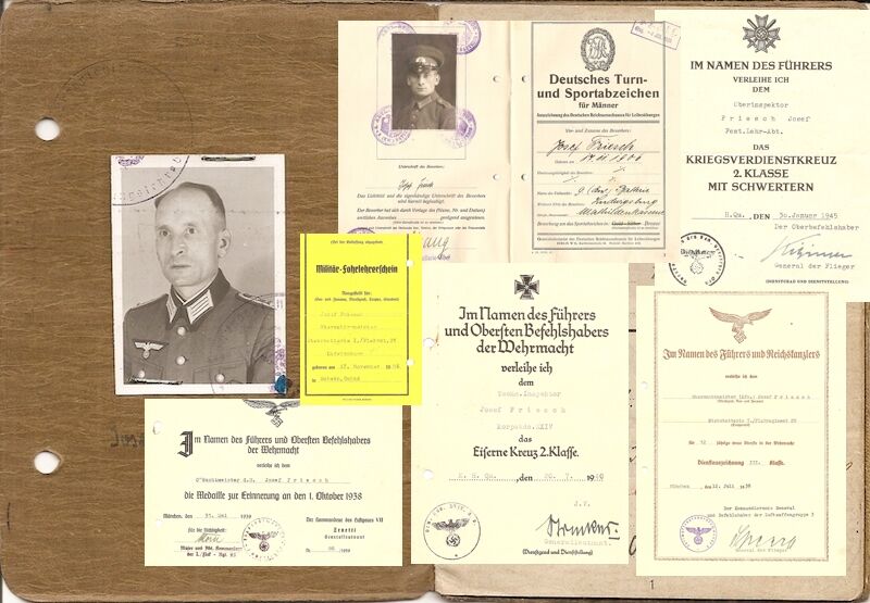WWII German Wehrmacht Soldbuch ID & Award Documents - Tech-Oberinspektor Josef Friesch - Festungs Artillerie Stab 7 - Iron Cross (Layaway)