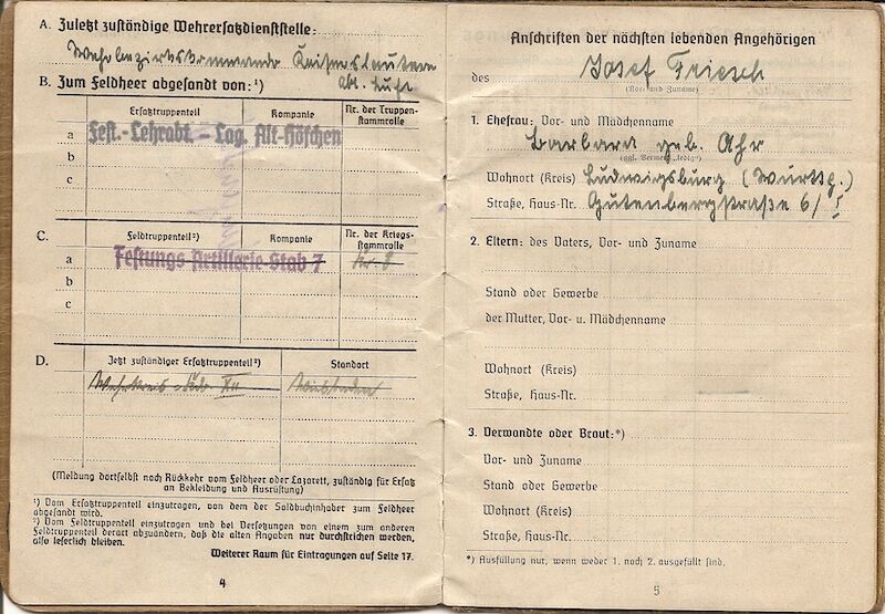 WWII German Wehrmacht Soldbuch ID & Award Documents - Tech-Oberinspektor Josef Friesch - Festungs Artillerie Stab 7 - Iron Cross (Layaway) - Image 5
