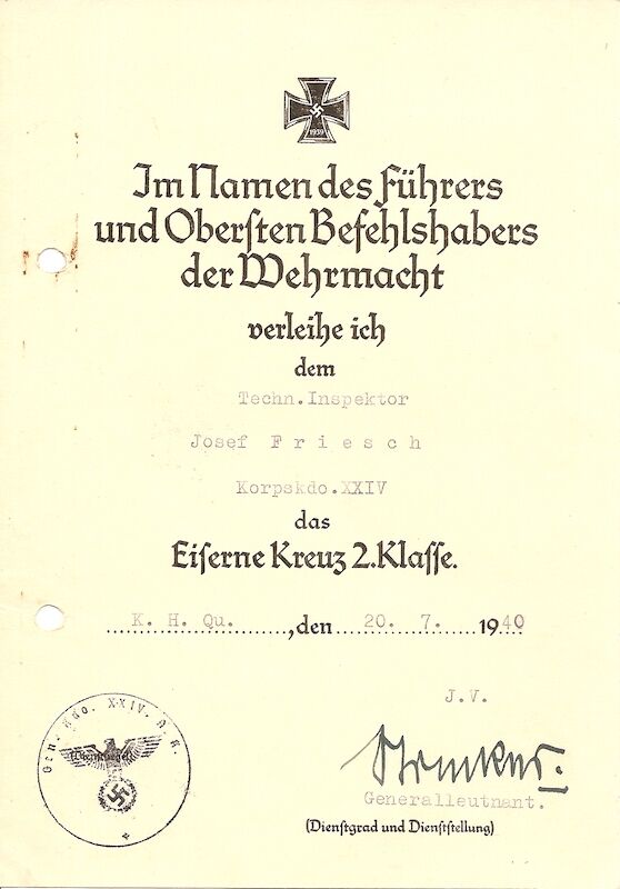 WWII German Wehrmacht Soldbuch ID & Award Documents - Tech-Oberinspektor Josef Friesch - Festungs Artillerie Stab 7 - Iron Cross (Layaway) - Image 20