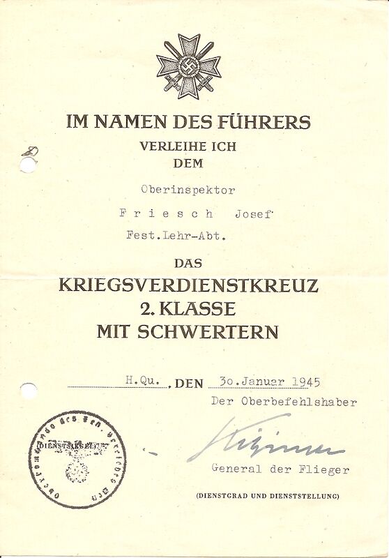 WWII German Wehrmacht Soldbuch ID & Award Documents - Tech-Oberinspektor Josef Friesch - Festungs Artillerie Stab 7 - Iron Cross (Layaway) - Image 22